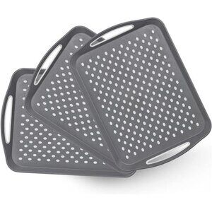 3 Pack Large Serving Trays Grey Non Slip Plastic Food Trays with Handles